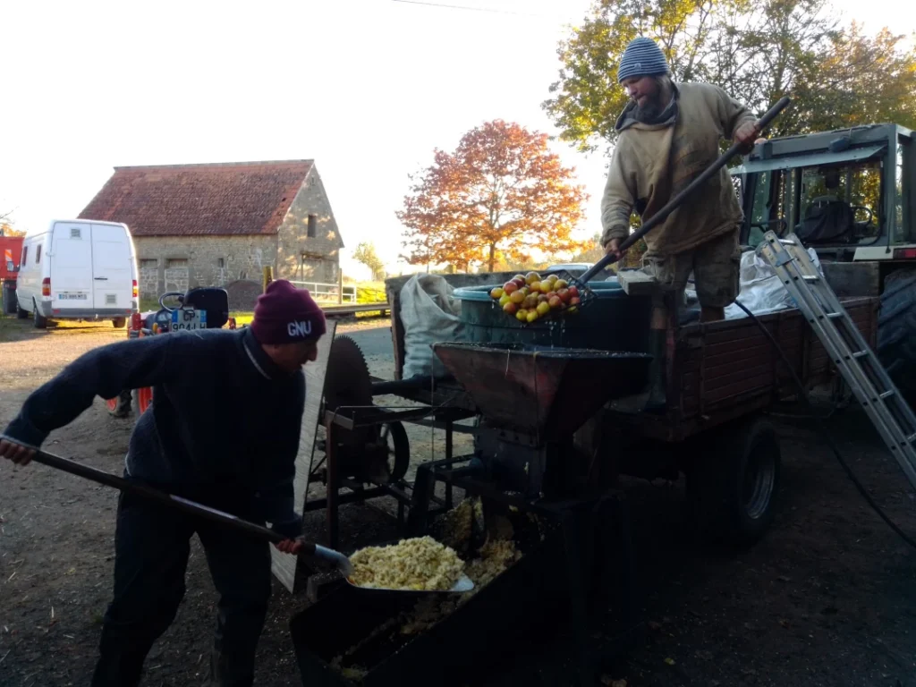 Deux personnes en train de broyer des pommes.